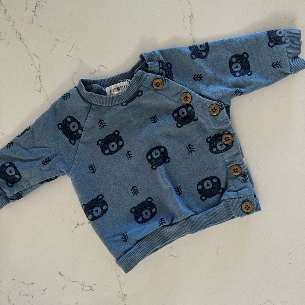 Rabbit + Bear Organic Blue Bear Print Sweatshirt, 0–3M, GUC